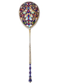 RUSSIAN 84 GILT SILVER AND ENAMEL SERVING SPOON