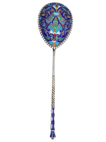 RUSSIAN 84 SILVER AND ENAMEL SERVING SPOON