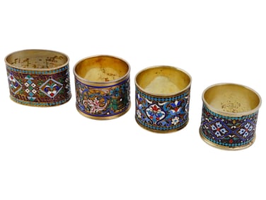 RUSSIAN GILT SILVER CLOISONNE ENAMEL NAPKIN HOLDERS