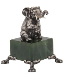 RUSSIAN SILVER ELEPHANT FIGURE NEPHRITE JADE BASE