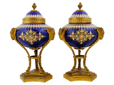 ANTIQUE FRENCH SEVRES JEWELED PORCELAIN BRONZE URNS
