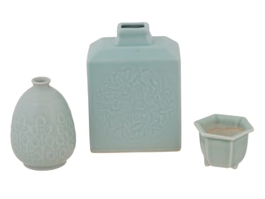 ASIAN CELADON GLAZED PORCELAIN VASES AND FLOWERPOT