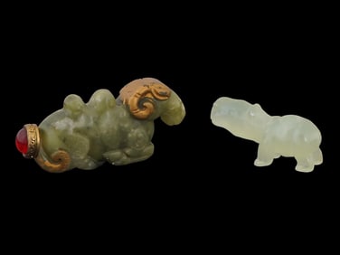 CARVED JADE RAM SNUFF BOTTLE AND FIGURINE