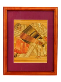 VINTAGE FOLK ARTWORK WITH WOOD STRIP INLAY RURAL SCENE