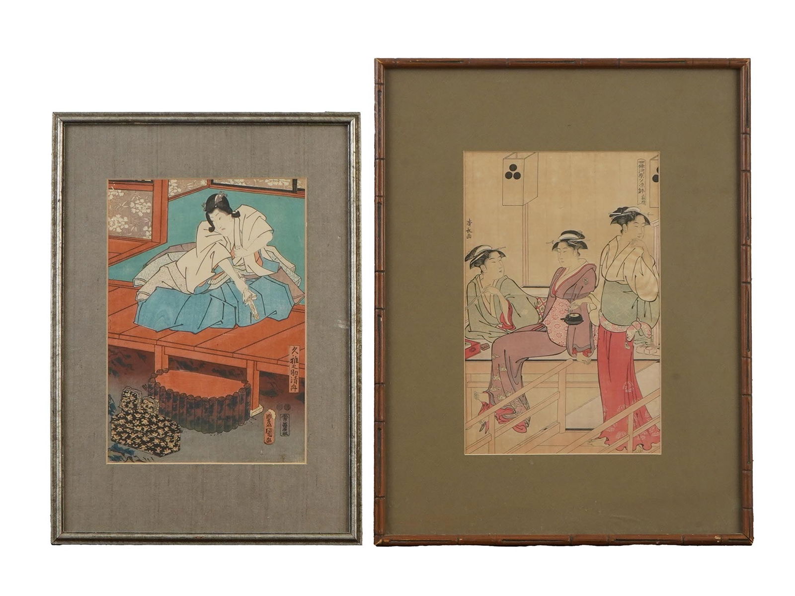 UTAGAWA KUNISADA AND KIYONAGA JAPANESE WOODBLOCKS: A lot of two Japanese color woodblocks on paper. A samurai by Utagawa Kunisada. Summer Fun by the Riverby Torii Kiyonaga. Matted and framed. Utagawa Kunisada, also known as Utagawa Toyokuni III, 1786