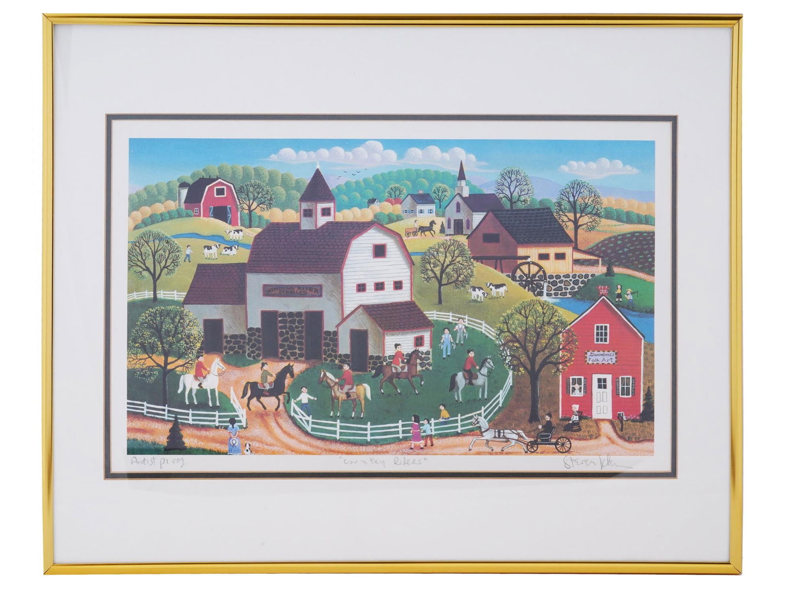 AMERICAN COUNTRYSIDE LITHOGRAPH BY STEVEN KLEIN: Color offset lithograph by Steven Klein, a contemporary American artist based in New York. The artwork depicts a panorama of an American countryside with a horse stable and farms. Titled Country Rider