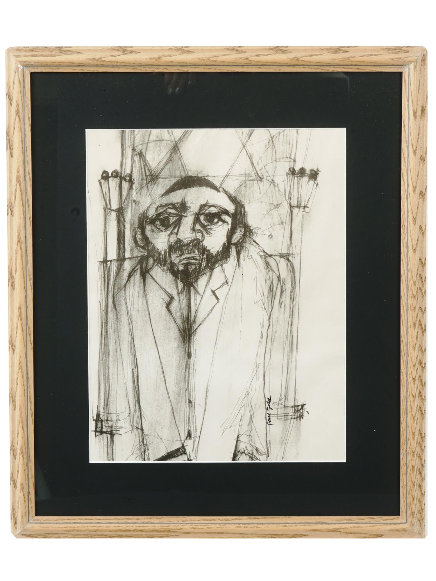 AMERICAN MALE PORTRAIT OFFSET PRINT BY PAUL GOLD: Monochrome offset print on paper after a pencil drawing. American, late 20th century. The artwork depicts a portrait of a Jewish man. Expressionist pictorial manner. Signed by the artist in the lower 