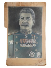 VINTAGE RUSSIAN SOVIET STALIN PROPAGANDA HAND COLORED PRINT