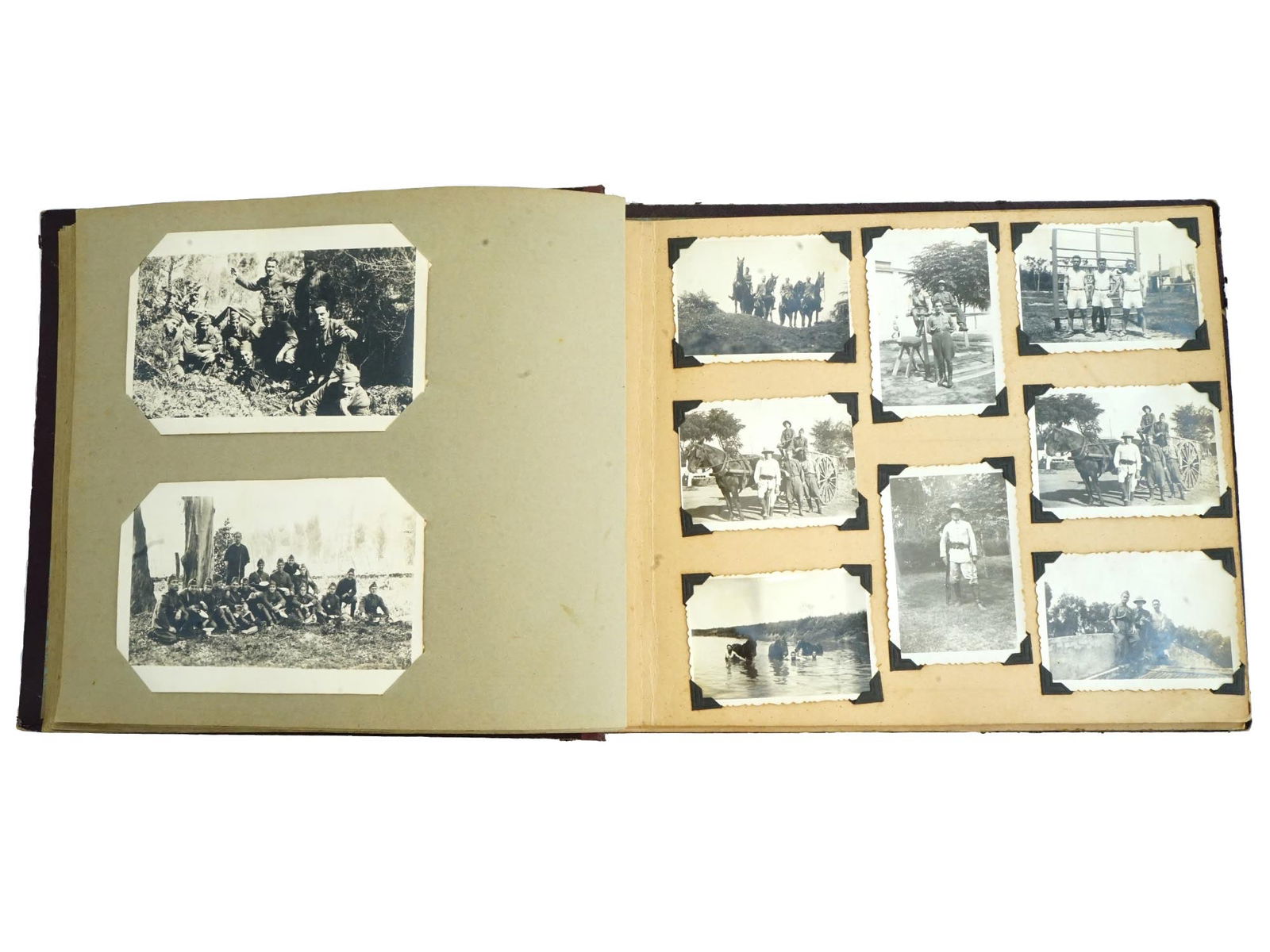 1937 ARGENTINE ARMY PUYERREDON CAVALRY PHOTO ALBUM: An Argentinian military photo album. Cover titled Ejercito Argentino, Recuerdo Militar en el Regimento 10 del Caballeria Husares de Puyerredon, Anno 1937, Campo Mayo. Argentine Army, In Remembrance of