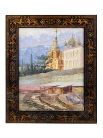 RUSSIAN OIL PAINTING LANDSCAPE WITH ORTHODOX CHURCH
