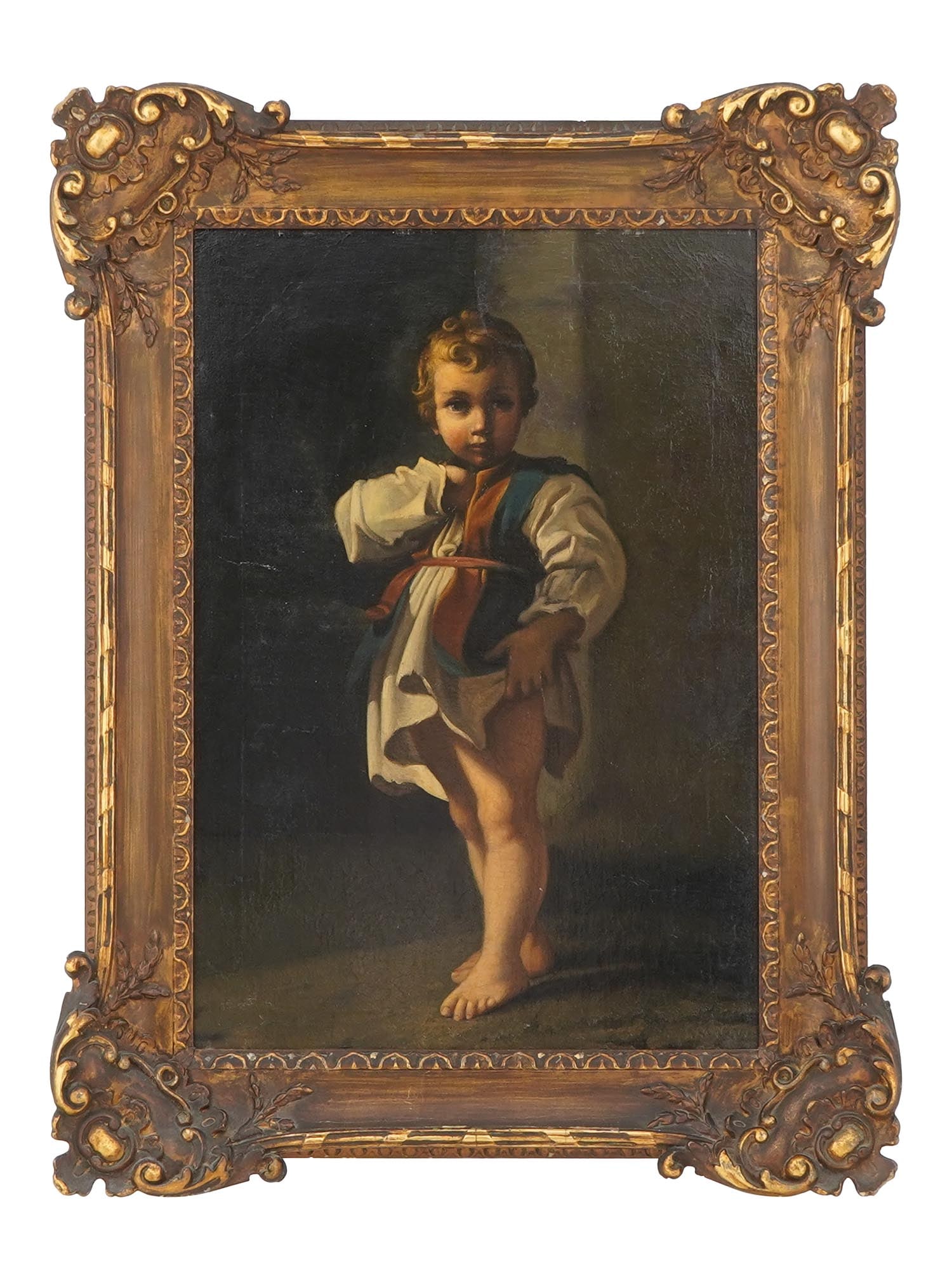 ANTIQUE OIL PAINTING AFTER BARTOLOMEO SCHEDONI FRAMED: An antique oil painting on board after old master Bartolomeo Schedoni, Italian, 1578 to 1615. A study of a boy from the Charity. The painting is housed in an antique, gilded frame with decorative scro