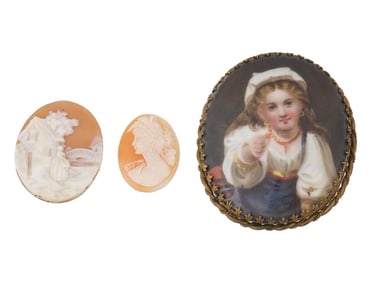 VICTORIAN PORCELAIN MINIATURE PAINTING AND SHELL CAMEOS
