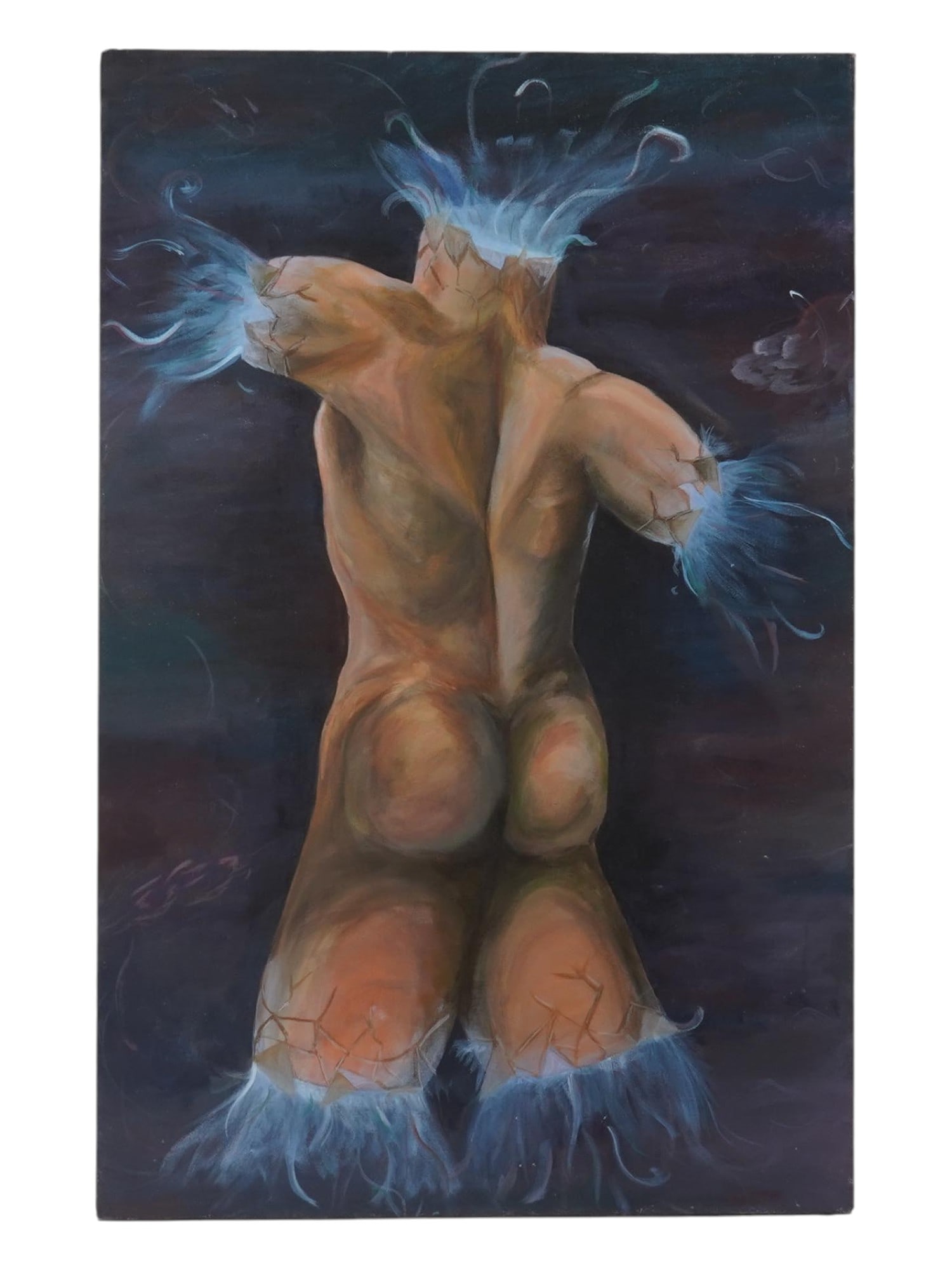 MODERN SURREALIST PAINTING NUDE MALE SIGNED PAUL R.: A modern surrealist oil painting on canvas depicting a nude male figure. Signed Paul R. to the reverse. Contemporary American Paintings And Art Collectibles. THIS LOT IS ELIGIBLE FOR A 30-DAY