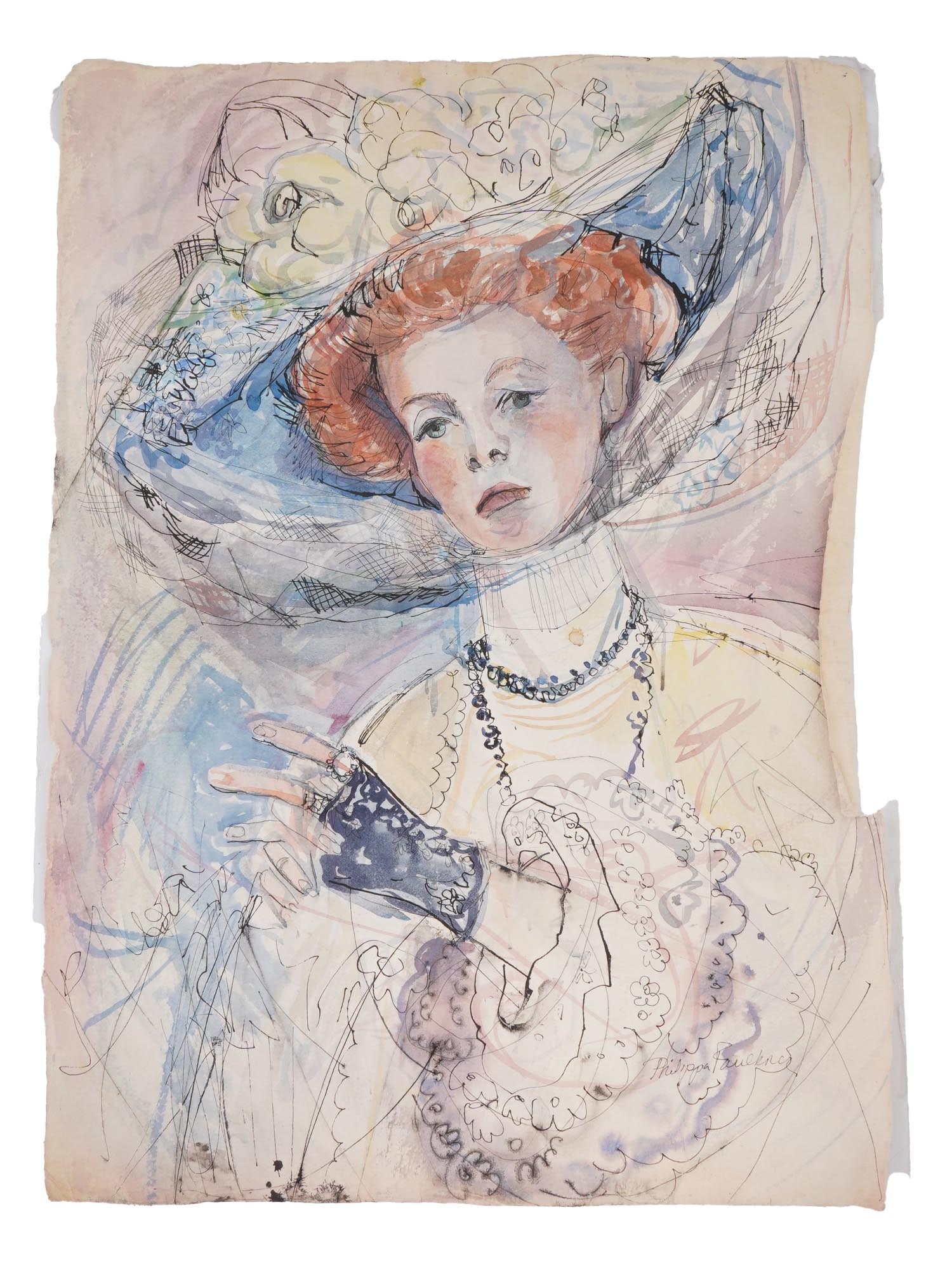 CANADIAN MIXED MEDIA PAINTING BY PHILIPPA FAULKNER: Philippa Mary Burrows Faulkner, Canadian, 1917 to 2001, a mixed media painting on paper depicting a portrait of a lady in a hat. Signed lower right. Philippa Faulkner, a painter, sculptor and graphic 