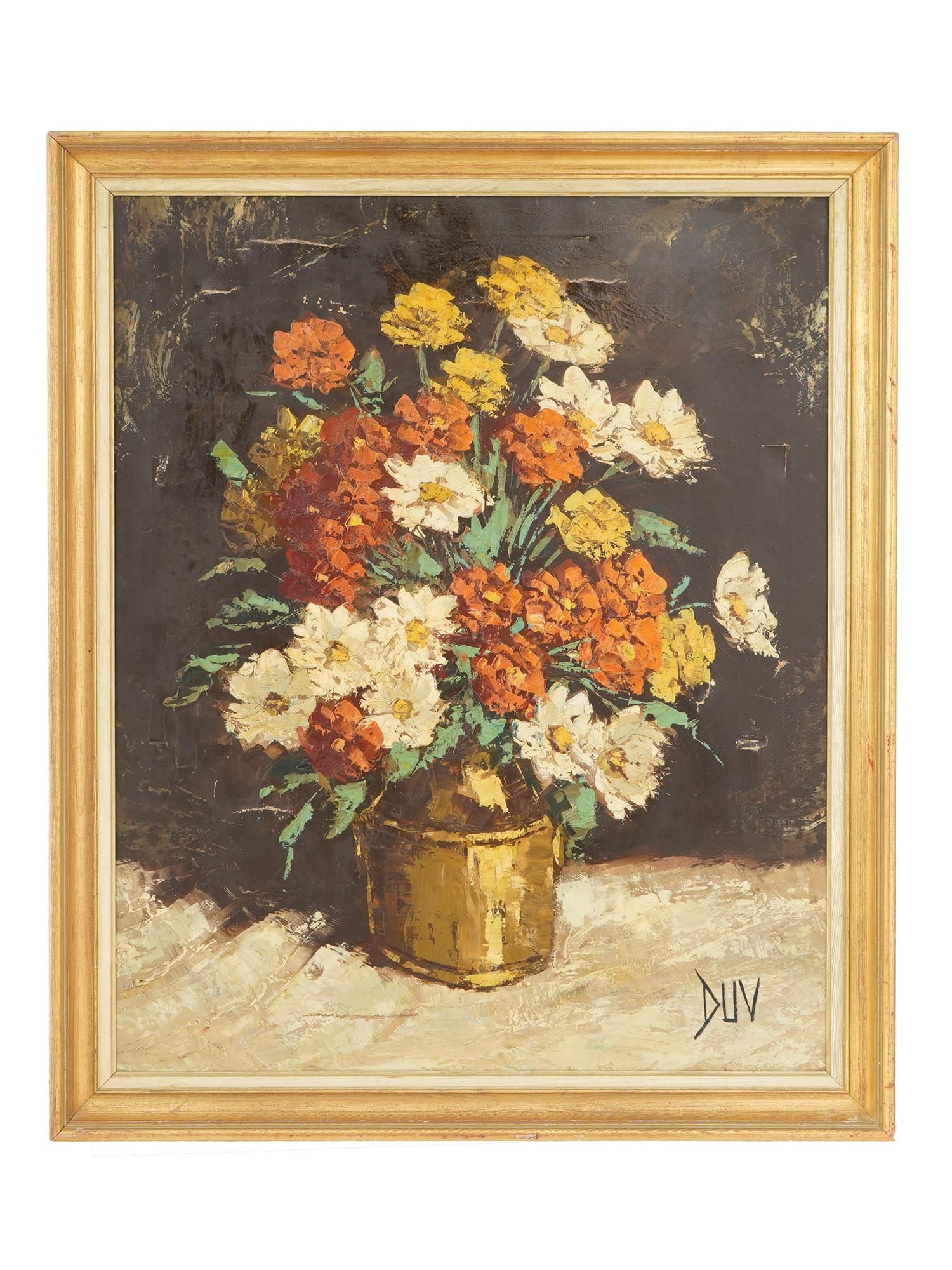 ALGERIAN STILL LIFE OIL PAINTING BY JOSEPH DUV: Joseph Duv, Algerian, born 1918, an oil painting on canvas depicting a still life with flowers. Signed lower right. Framed. Joseph Duv is an Algerian artist, known for still lifes. He was born in Alge