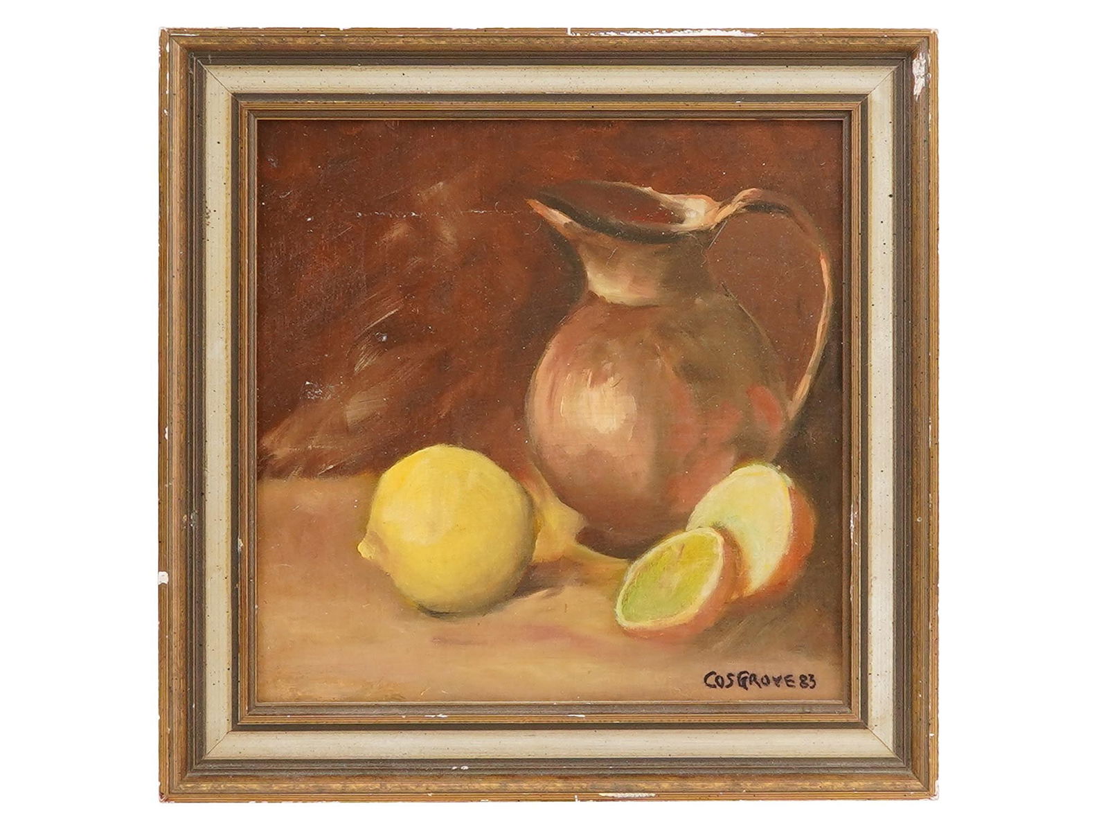 ATTR TO STANLEY COSGROVE CANADIAN OIL PAINTING: Attributed to Stanley Morel Cosgrove, Canadian, 1911 to 2002, an oil painting on panel depicting a still life with a pitcher and lemons. Signed and dated 83, lower right. Framed. An art gallery paper