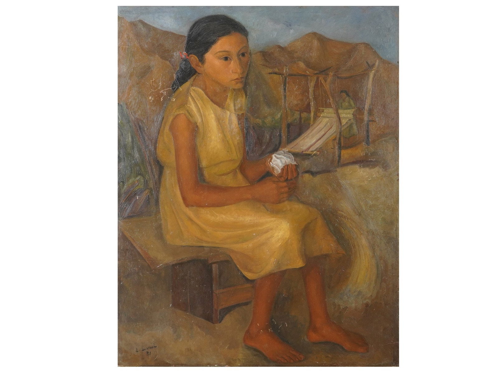 LUIS LUSNICH ARGENTINEAN PORTRAIT OIL PAINTING: Luis Lusnich, Argentinean-Italian, 1911 to 1995, oil on masonite painting. The artwork depicts a peasant girl in farm scenery. Signed by the artist and dated 1951 in the lower left. Unframed. Luis Lus