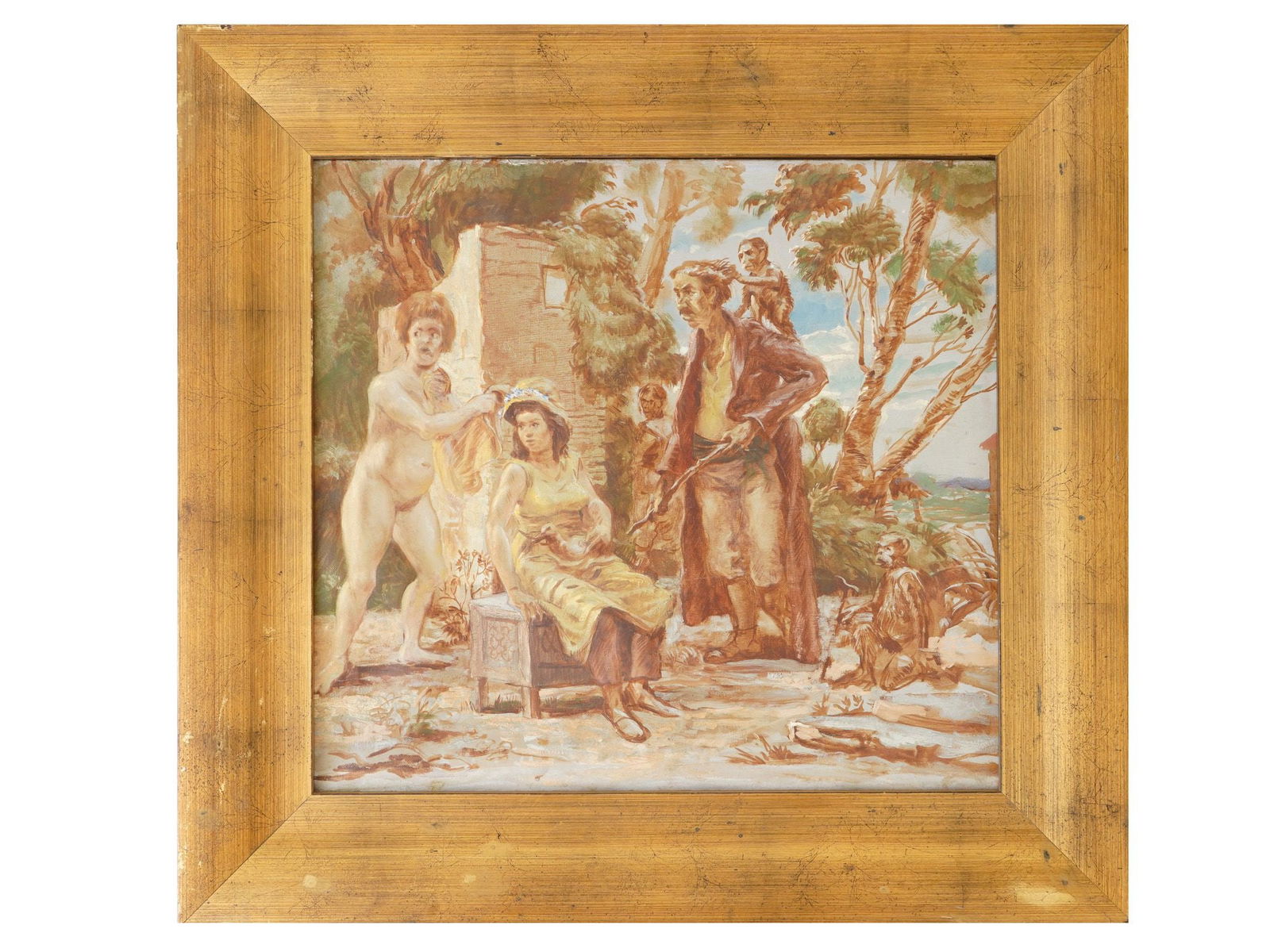 ATTR WILLIAM GROPPER 20TH C GENRE SCENE OIL PAINTING: Attributed to William Gropper, American, 1897 to 1977, oil painting on canvas depicting a genre scene with a lady, a nude man, and a man with monkeys in a landscape, probably an illustration for a boo