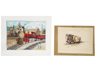 CONTEMPORARY PAINTINGS LOCOMOTIVE AND TRAIN CAR SIGNED