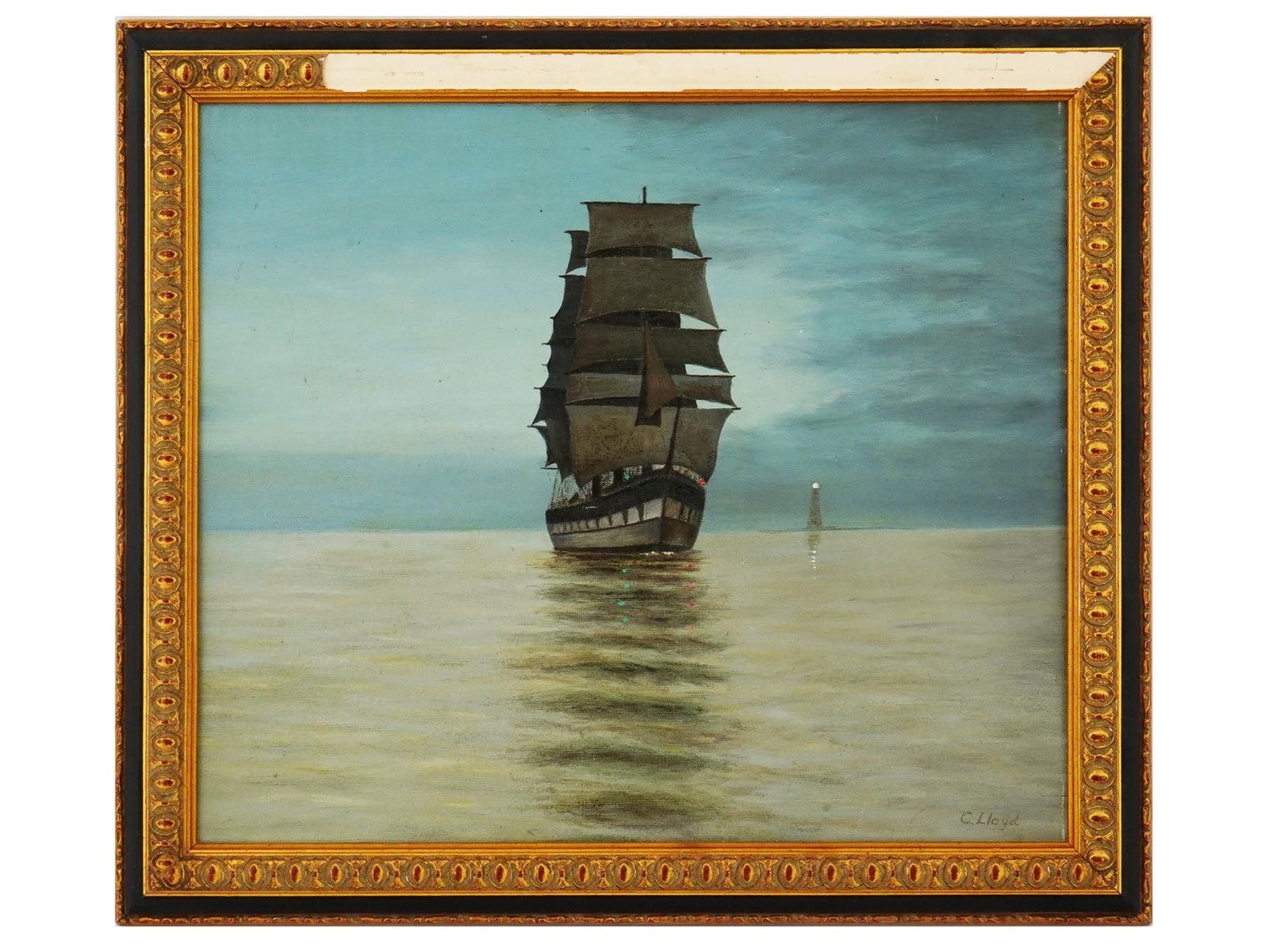 ATTR TO CHARLES SALIS LLOYD SEASCAPE OIL PAINTING: Attributed to Charles Salis Lloyd, 1902 to 1960, oil painting on canvas depicting a seascape with a ship. Signed lower right. Framed. Charles Lloyd was a 20th century European artist, known for landsc