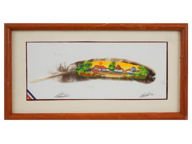 VINTAGE LANDSCAPE ACRYLIC PAINTING ON FEATHER SIGNED