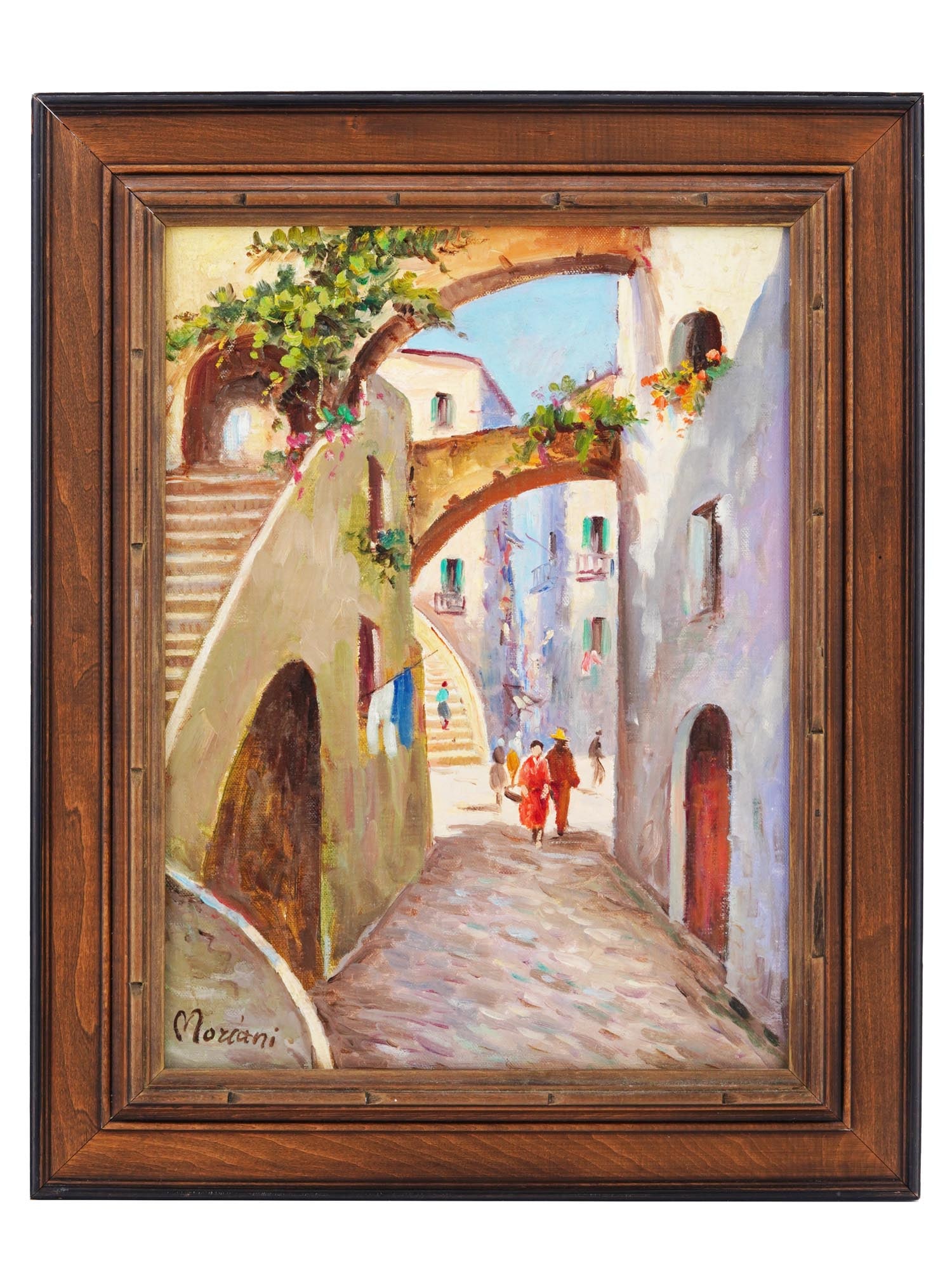 MID CENT ITALIAN STREET VIEW PAINTING BY MORIANI: Oil on canvas painting. Mid-20th century. The artwork depicts a view of an Italian town. Impressionist pictorial manner. Signed by the artist in the lower left, Moriani. Wooden frame. Cityscape Fine A