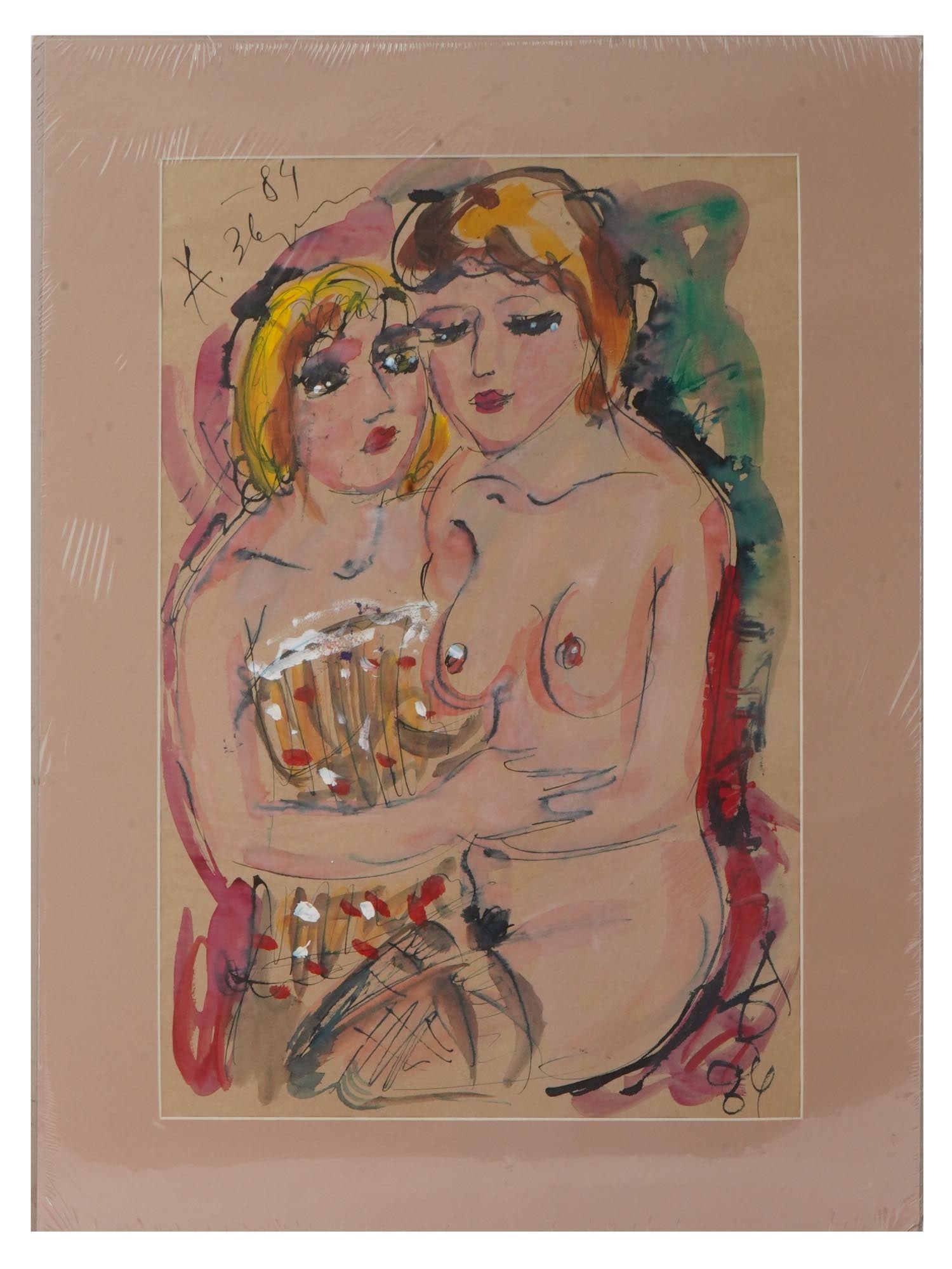 RUSSIAN MIXED MEDIA PAINTING ATTR ANATOLY ZVEREV: Attributed to Anatoly Timofeivich Zverev, Russian, Soviet era, 1931 to 1986, mixed media painting on paper depicting a double portrait of nude women, 1984. Signed with initials and dated, lower right