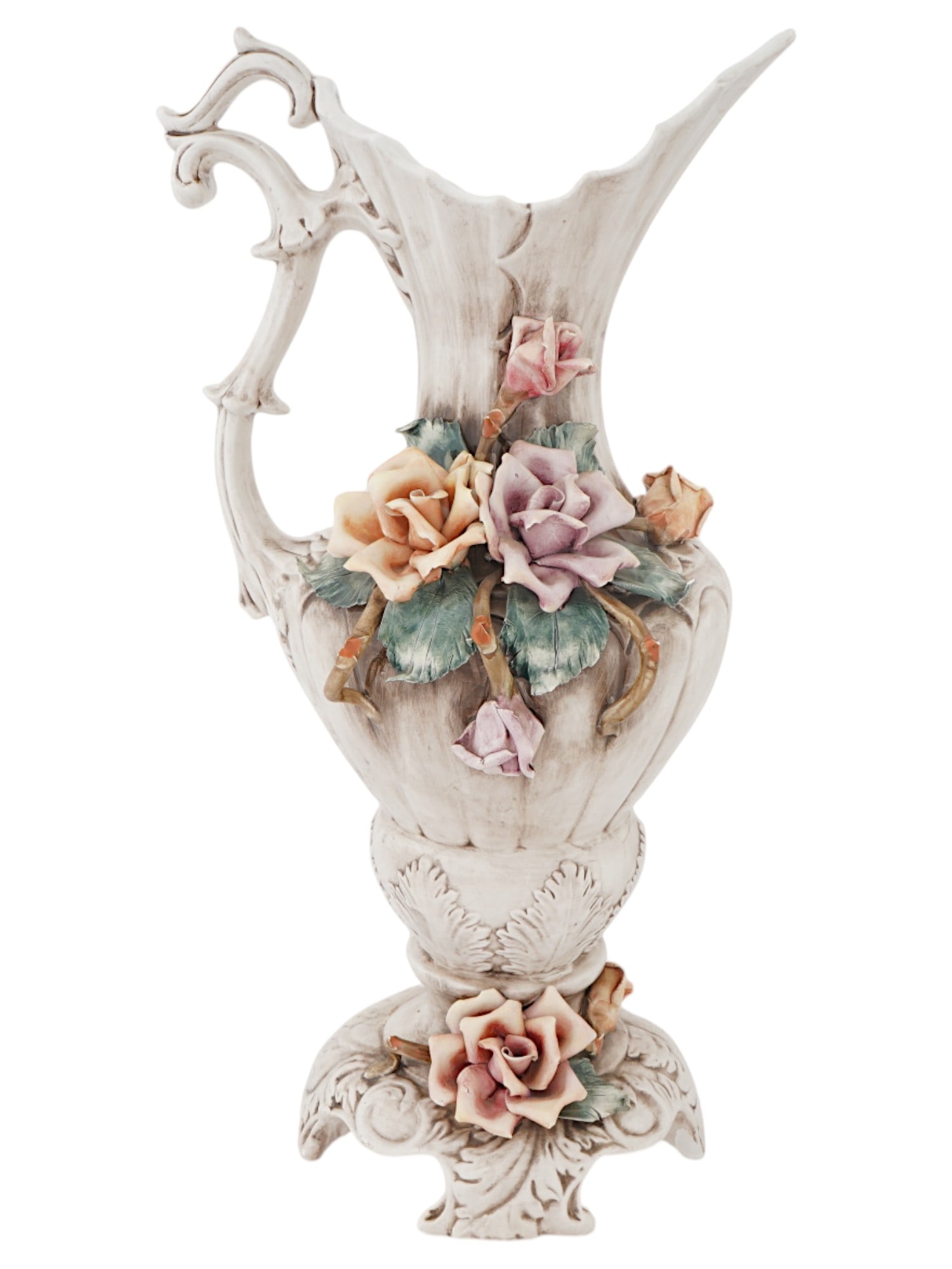 VINTAGE ITALIAN CAPODIMONTE CERAMIC PITCHER: A vintage hand-painted ceramic pitcher by Capodimonte, an Italian porcelain manufacture based in Naples. Footed piece with figurative handle and spout. The neck is garnished with sculpted flowers. Hal