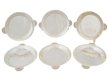 SET OF SIX METAL SERVING TRAYS W SEA SHELL HANDLES