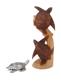 VINTAGE TURTLE BOWL AND CARVED WOOD SCULPTURE