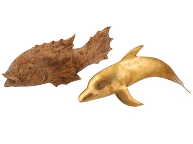 VINTAGE WOODEN FISH AND BRASS DOLPHIN SCULPTURES