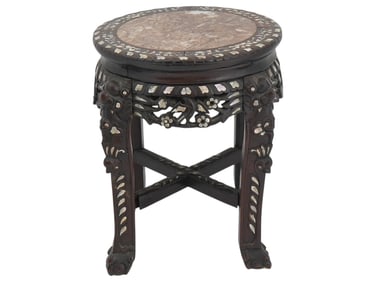 SMALL ORNATE WOODEN STONE MOTHER OF PEARL INLAY TABLE