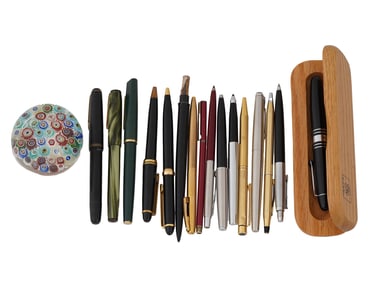 COLLECTION OF PENS WITH MILLEFIORI GLASS PAPERWEIGHT