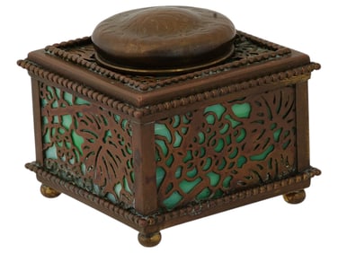 TIFFANY STUDIOS PATINATED BRONZE GREEN GLASS INKWELL