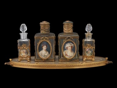 ANTIQUE FRENCH CRYSTAL GILT SCENT BOTTLES ON A TRAY