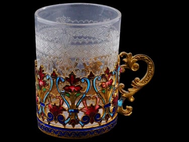 SMALL FRENCH GLASS TEACUP WITH ENAMEL GLASS HOLDER