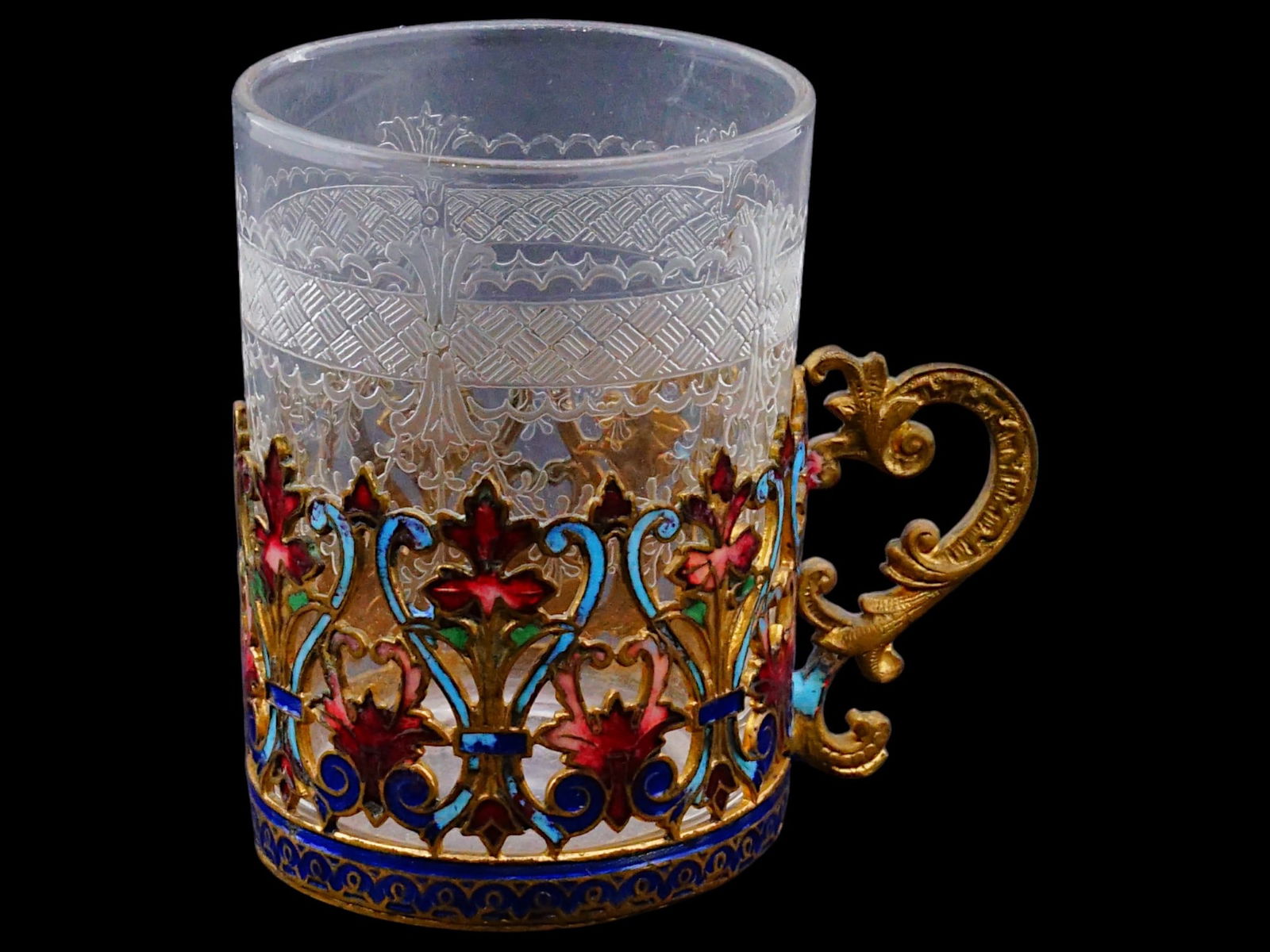 SMALL FRENCH GLASS TEACUP WITH ENAMEL GLASS HOLDER (1 of 8)