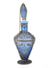 VTG BLUE FROSTED GLASS AND SILVER PLATE DECANTER