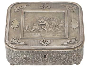 ANTIQUE FRENCH METAL ROCOCO SCENE JEWELRY BOX