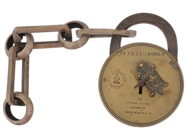 VINTAGE ENGRAVED METAL LOCK WITH KEY AND CHAIN