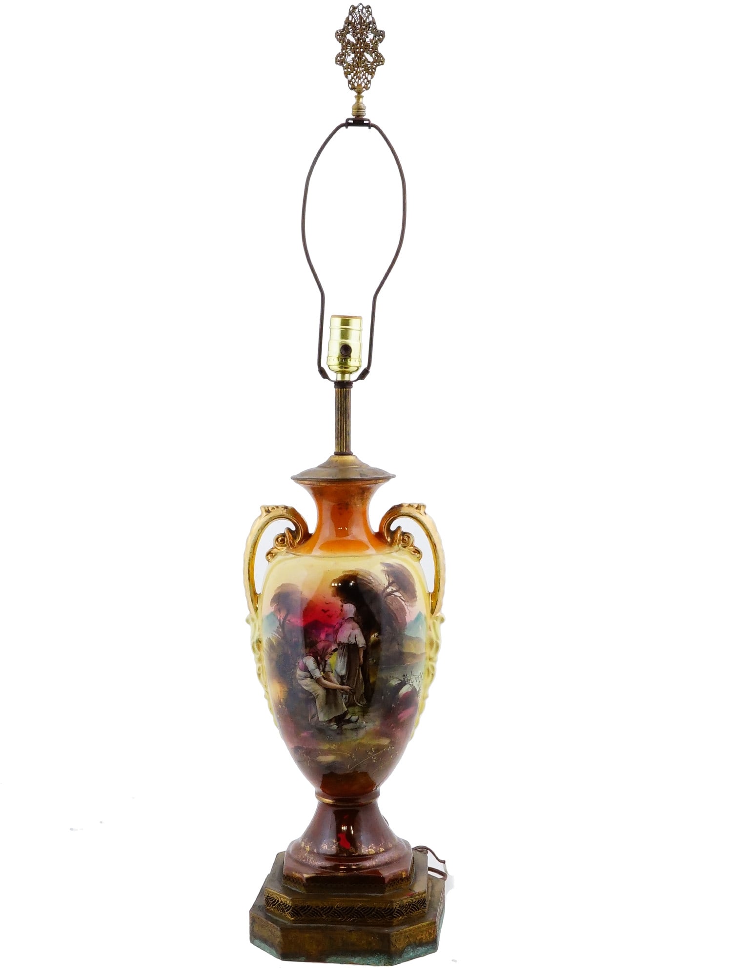 EARLY 20TH C CRACKLE GLAZED PORCELAIN VASE LAMP: An early 20th-cenutry porcelain vase converted into a table lamp with modern electrical fittings. Presumably of French or German origin. Amphora shape, side handles. Transfer-printed decor, a landscap