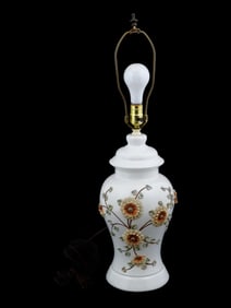 VINTAGE CERAMIC TABLE LAMP W RAISED FLORAL DECORATIONS