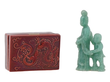 CHINESE CARVED JADEITE FIGURAL GROUP AND CERAMIC BOX
