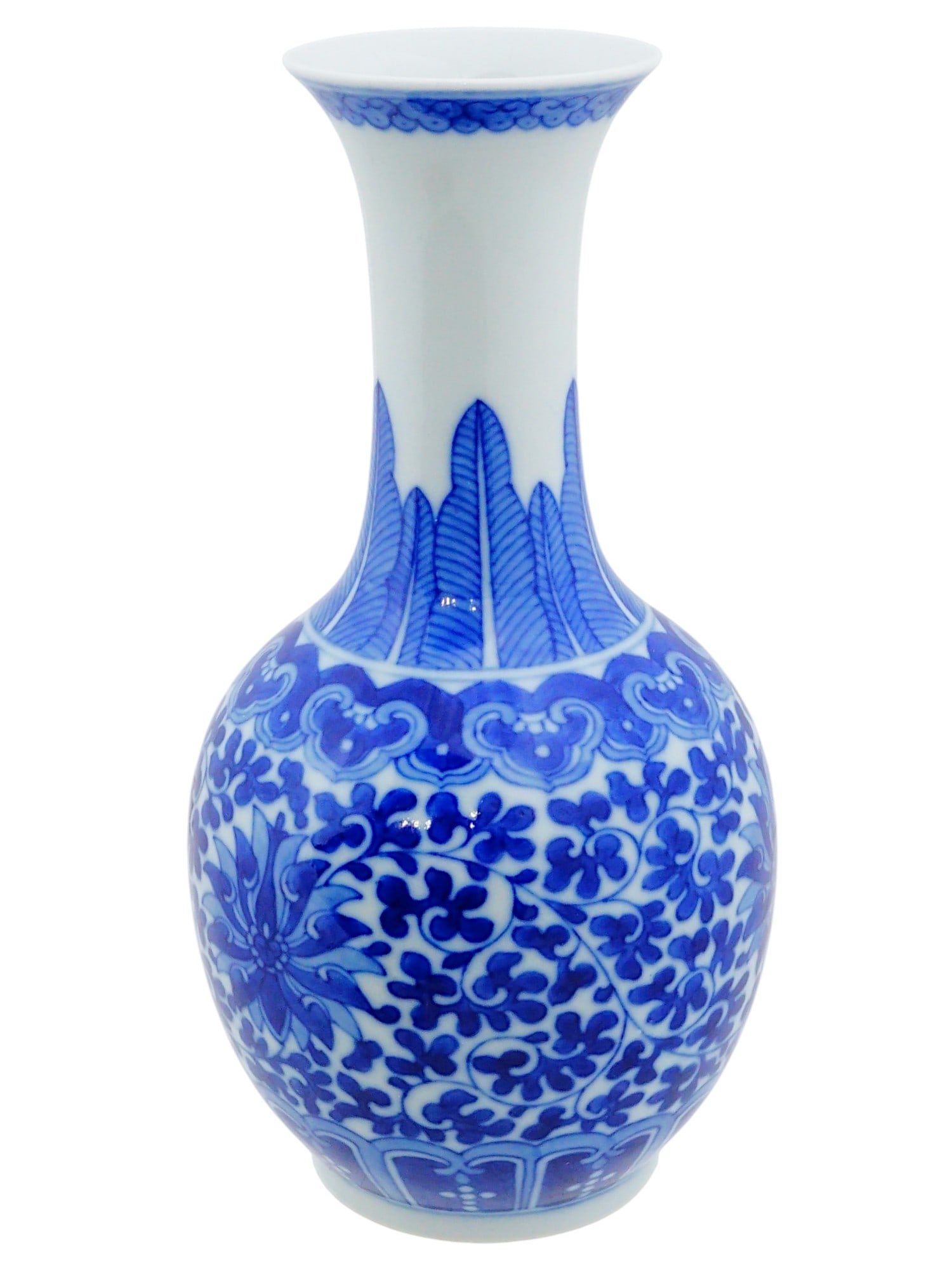 CHINESE BLUE AND WHITE PORCELAIN VASE: A Chinese blue and white porcelain vase. The vase has a classic form with a bulbous body, a slender neck, and a slightly flared mouth. It is decorated with stylized floral patterns and geometric borde