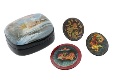 VINTAGE RUSSIAN HAND PAINTED PINS AND LAQUER BOX