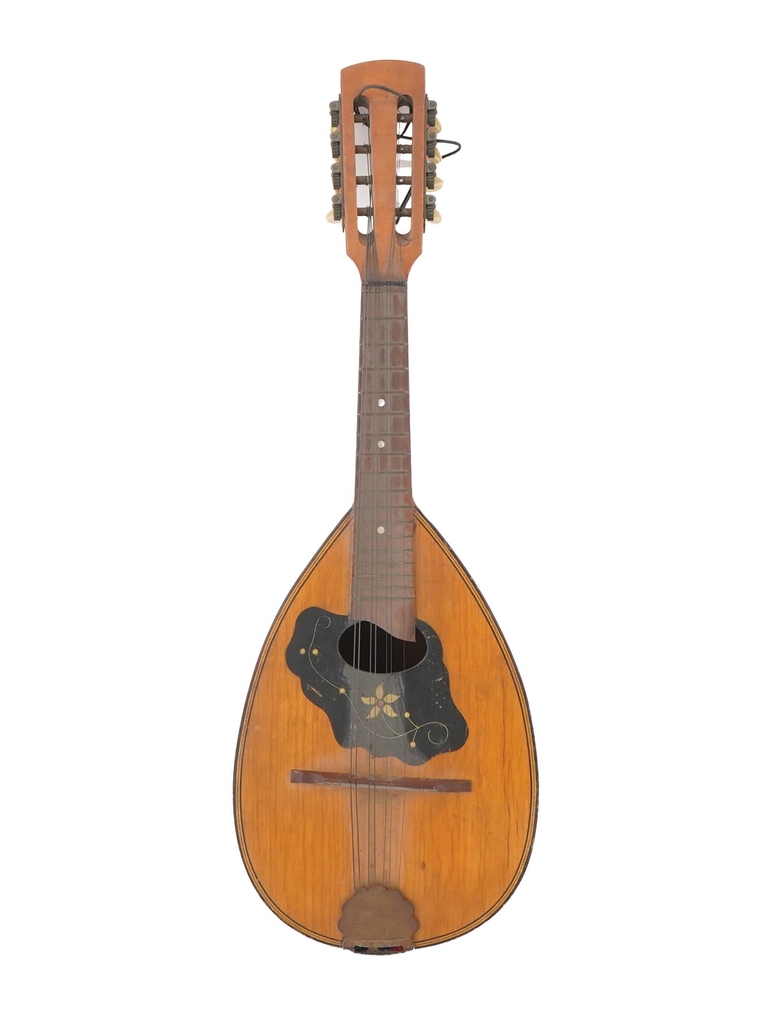 VINTAGE CZECH MANNER FOLK ART CARVED WOODEN MANDOLIN: A vintage carved wooden mandolin in the manner of Czechoslovakian lignatone mandolins. The body is delicately shaped in a traditional teardrop style, featuring intricately carved details. The mandolin