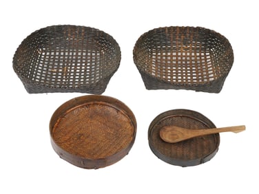 VINTAGE HANDMADE WOVEN BASKETS AND A WOODEN SPOON