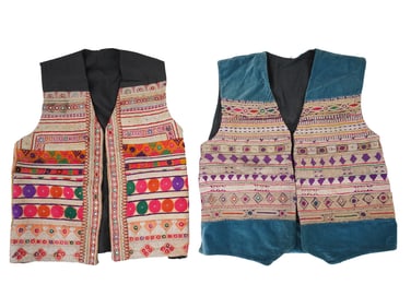TWO VINTAGE TEXTILE MENS VESTS W HAND EMBROIDERY