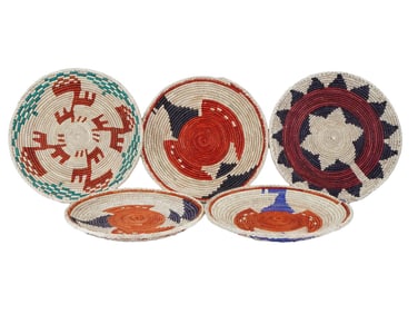 GROUP OF FIVE VINTAGE ETHNIC WICKER WALL PLATES