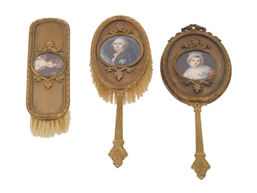 ANTIQUE FRENCH BRONZE ENAMEL MINIATURE VANITY SET